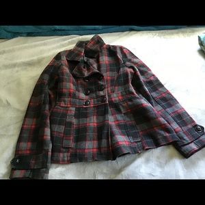 Red and black pea coat